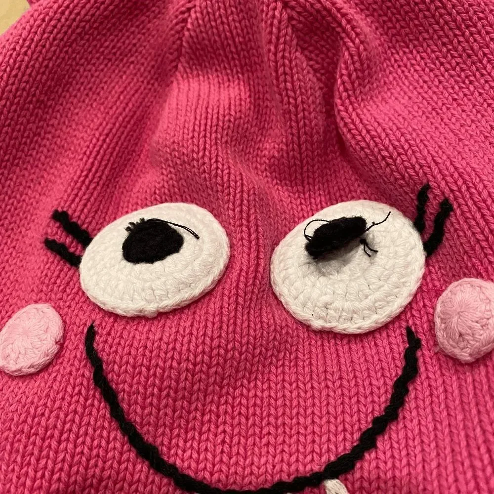 Hanna Andersson Girls Hat Knit Cap Funny pink Monster Tassels Size Large